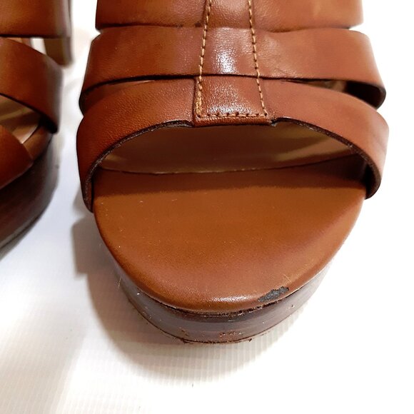 TAHARI Platform Heel Sandals with Cross Strap in Brown Tan Faux Leather - Picture 12 of 13